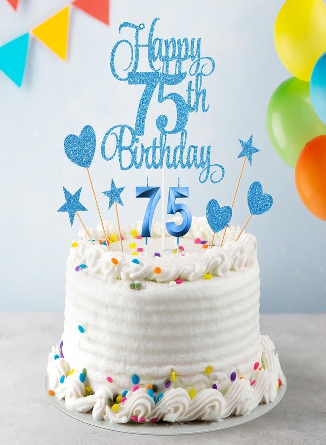Lecferrarc 75th Birthday Cake Decorations, 75th Birthday Candles Cake Numeral Candles and Glitter Happy 75th Birthday Cake Toppers Set for Birthday Party Supplies (Blue) - Image 4